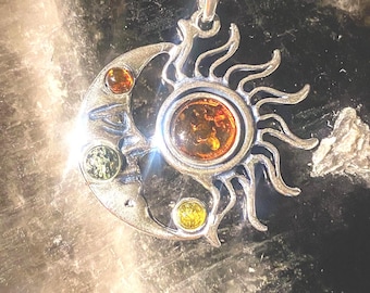 Baltic Amber Sun and Moon Eclipse Solid Sterling Silver Pendant - Acomo