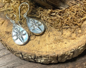 Goddess Designs / Detailed Triple Moon Goddess with Mother of Pearl Sterling Silver Earrings