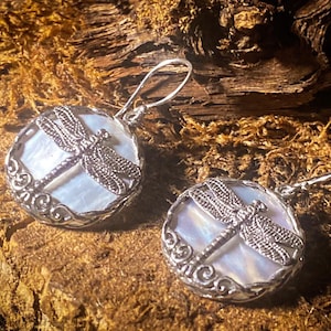 Goddess Designs / Detailed Dragonflies with Mother of Pearl Sterling Silver Earrings