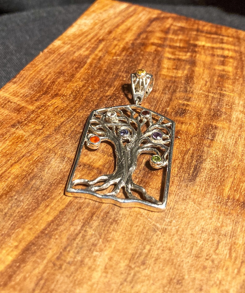 Goddess Designs Detailed Tree of Life Sterling Silver Pendant with Chakra Alignment Stones and Sun Bail