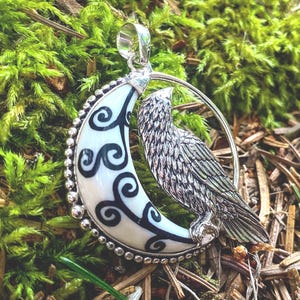 Goddess Designs / Tattooed Celtic Swirls on Ox Bone Crescent Moon with Detailed Sterling Silver Raven Pendant