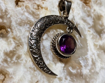 Precious Treasures / Faceted Amethyst Crescent Moon Sterling Silver Pendant