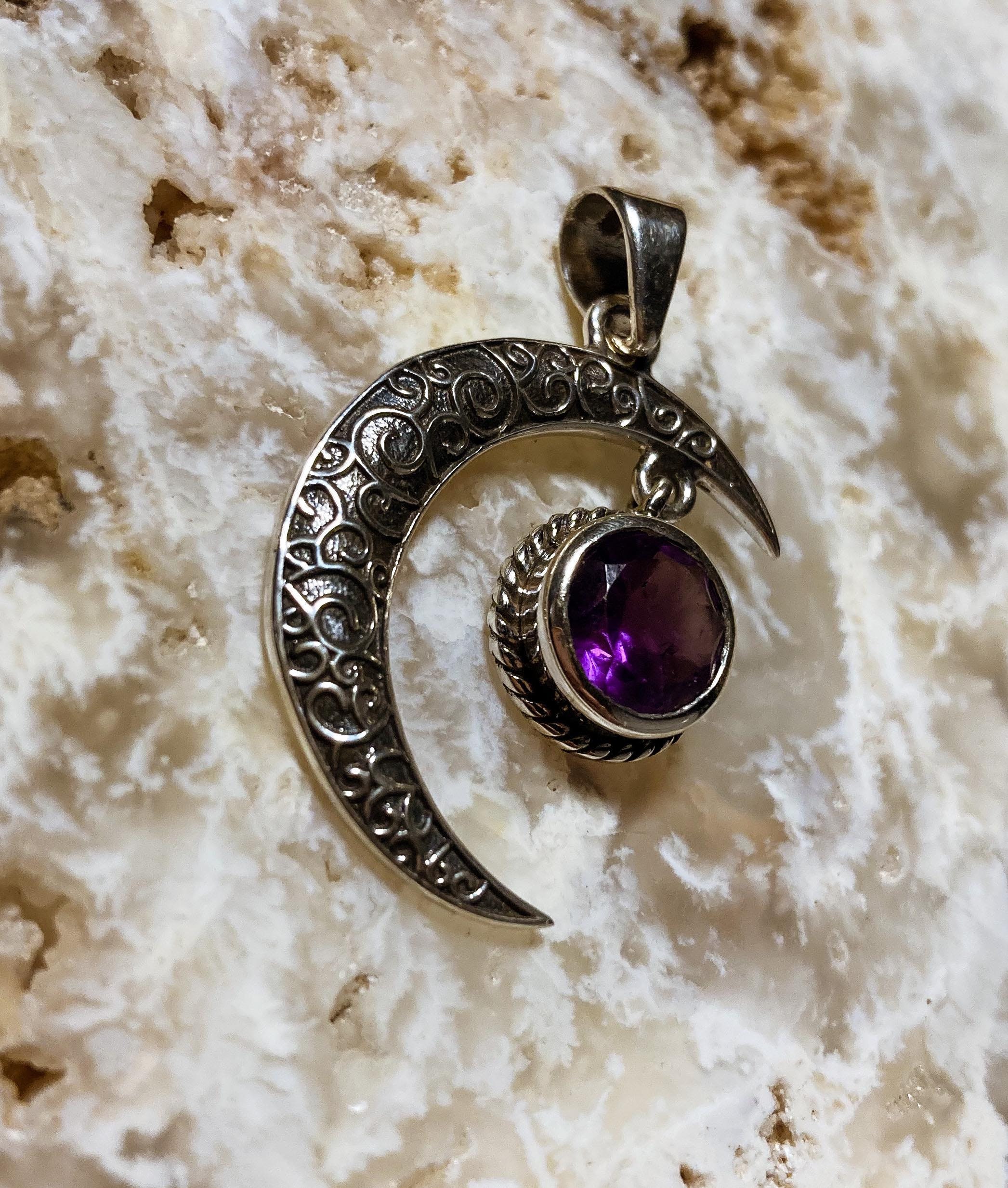 Precious Treasures Faceted Amethyst Crescent Moon Sterling