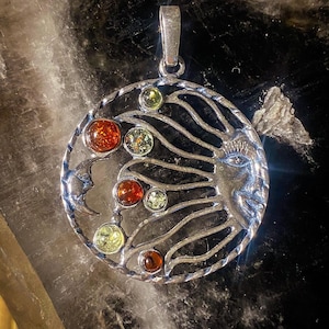 Acomo / Baltic Amber Stars with Sun and Moon Sterling Silver Statement Pendant