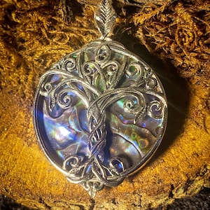 Goddess Designs / Detailed Celtic Tree of Life with Abalone Sterling Silver Circle Pendant