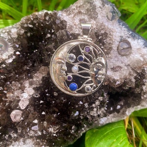 Goddess Designs / Detailed Eclipse with Multiple Stones in Sterling Silver Pendant
