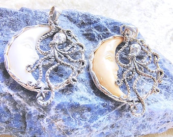 Hand Carved Bone Moon and Octopus - Tea Stained or White bone - Goddess Designs - Solid Sterling Silver Pendant