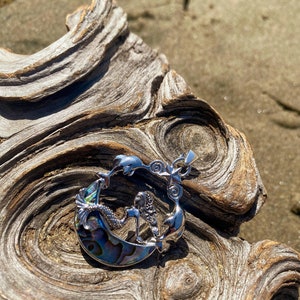 Goddess Designs / Detailed Mermaid on Abalone Moon with Dolphin Arch Sterling Silver Pendant
