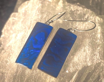 Goddess Designs / Brilliant Blue Abalone Shell Sterling Silver Rectangle Statement Earrings