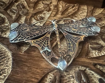 Terra Stones / Exclusive Art Nouveau Dragonfly with Rainbow Moonstone Sterling Silver Pendant