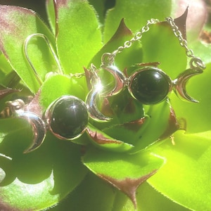 Precious Treasures / Black Onyx Triple Moon Sterling Silver Chain Earrings