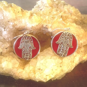 Goddess Designs / Detailed Hamsa with Red Coral Solid Sterling Silver Earrings