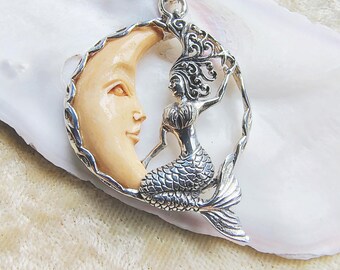 Detailed Mermaid with Hand Carved Bone Moon / Goddess Designs / White or Dyed Bone / Solid Sterling Silver Pendant