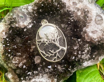 Goddess Designs / Detailed Bat and Branch Silhouette with Mother of Pearl Moon and Lava Rock Sky Sterling Silver Pendant