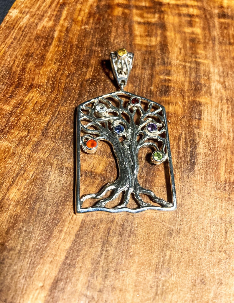 Goddess Designs Detailed Tree of Life Sterling Silver Pendant with Chakra Alignment Stones and Sun Bail