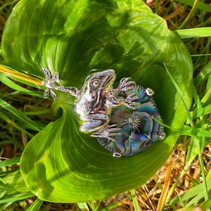 Goddess Designs / Detailed Frog Sitting on Hand Carved Abalone Lily Pad with Dragonfly Bail Sterling Silver Pendant