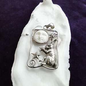 Rabbit and Carved Ox Bone Full Moon With Face Pendant - Solid Sterling Silver -  by Goddess Designs - Tea Dyed or White