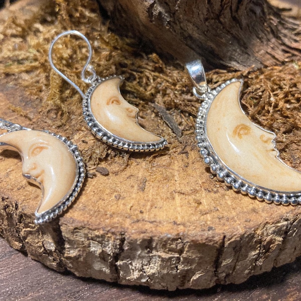 Goddess Designs / Detailed Hand Carved Bone Crescent Moon Sterling Silver Jewelry Set