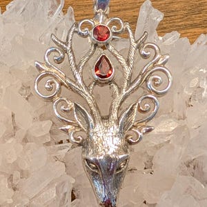 Goddess Designs / Detailed Royal Stag Adorned in Garnets Sterling Silver Statement Pendant