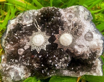 Goddess Designs / Detailed Hand Carved Eclipse with Sterling Silver Rays Earrings