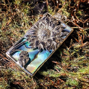Goddess Designs / Detailed Sunflower with Natural Abalone Shell Sterling Silver Pendant