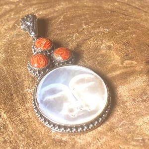 Ingapani / Moon Face Carved Mother of Pearl and Red Coral Solid Sterling Silver Pendant