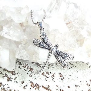 May include: A silver dragonfly pendant necklace. The pendant features intricate filigree detailing on the wings and body. The necklace has a delicate chain. The dragonfly is a symbol of transformation and adaptability.