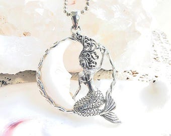 Silver Mermaid with Ox Bone Crescent Moon - Goddess Designs - With Detailed Solid Sterling Silver - Statement Pendant
