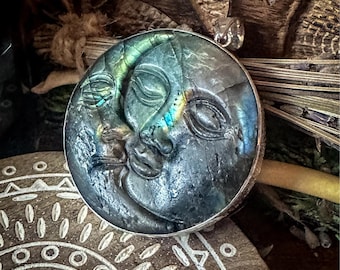 Precious Treasures / Carved Eclipse on Labradorite Sterling Silver Statement Pendant