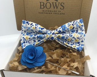 Handmade Blue and Yellow Floral Liberty of London Print Bowtie - Adults and Childrens sizes available