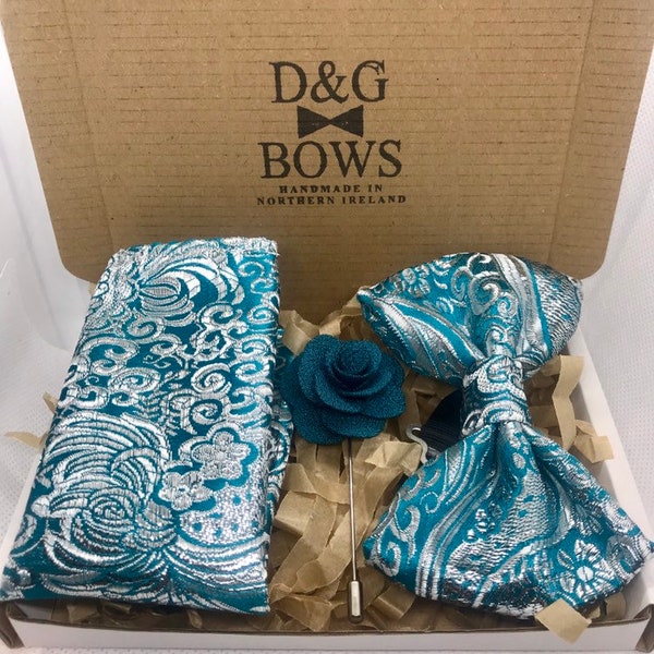 Handmade Teal and Silver Paisley Print Bowtie and Pocket Square Set - Adults and Childrens sizes available