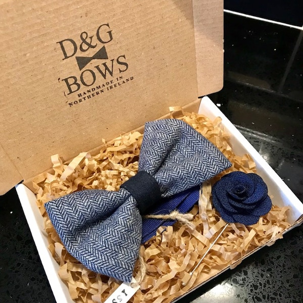 Handmade Navy Herringbone Bowtie - Adults and Childrens sizes available