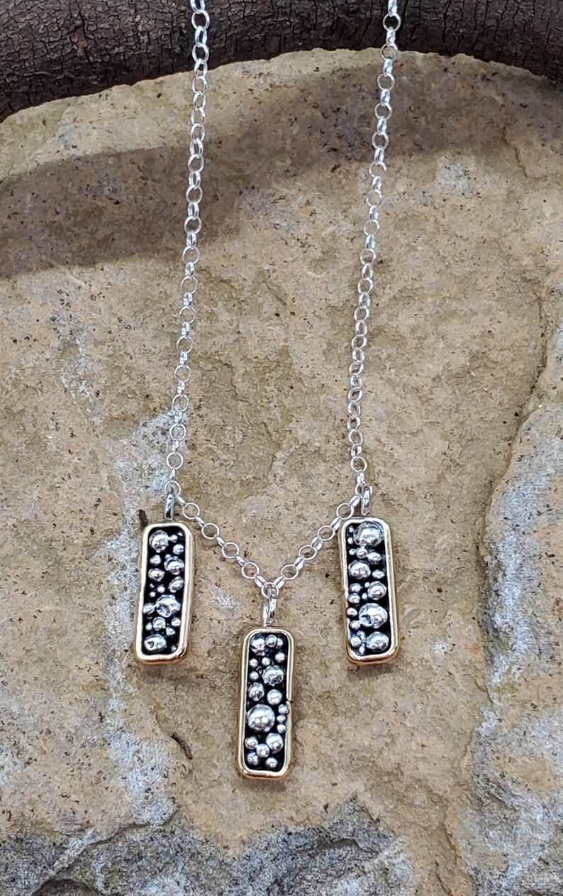 One of a Kind Handmade Necklace Bohemia Necklace Long Rectangle Necklace Sterling Silver Mixed Metals Necklace Granulation Necklace
