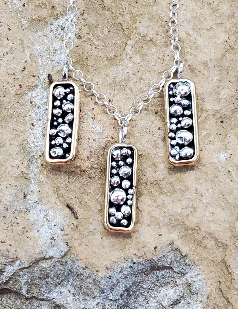 One of a Kind Handmade Necklace Bohemia Necklace Long Rectangle Necklace Sterling Silver Mixed Metals Necklace Granulation Necklace