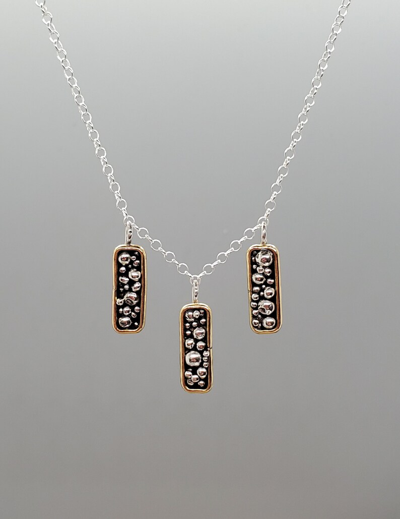 One of a Kind Handmade Necklace Bohemia Necklace Long Rectangle Necklace Sterling Silver Mixed Metals Necklace Granulation Necklace
