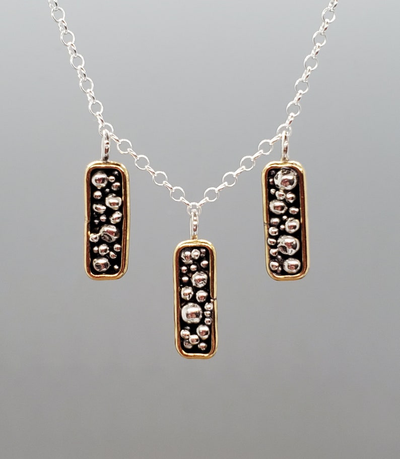 One of a Kind Handmade Necklace Bohemia Necklace Long Rectangle Necklace Sterling Silver Mixed Metals Necklace Granulation Necklace