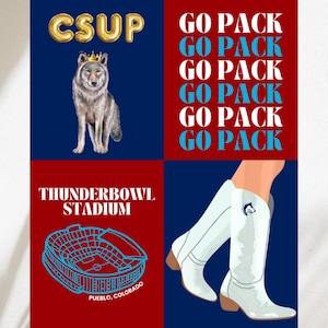 May include: A blue and red graphic with the text "CSUP" in gold letters, a wolf illustration, the text "GO PACK" repeated six times, the text "THUNDERBOWL STADIUM" and a blue and red illustration of a stadium with the text "PUEBLO, COLORADO".  Two white cowboy boots with a blue wolf logo on one boot are shown.