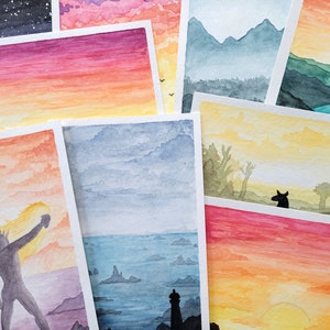 Postales originales de acuarela 4x6 / Arte paisajístico colorido y pintoresco hecho a mano