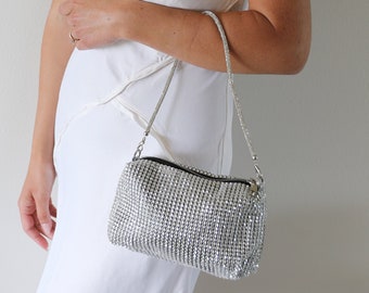 Bling Bling Crystal Clutch Bag, Rhinestone Silver Clutch , Crystal Mesh Bag, Rhinestone Shoulder Bag, Crystal Bag, Evening Bag,Silver Clutch