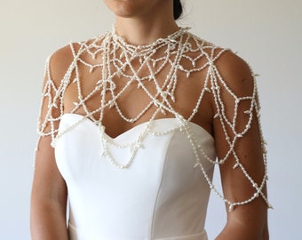 Bridal Capelet, Wedding Shrug, Bridal Bolero, Wedding Pearl Dress Cover Up, Wedding Shawl, Wedding Stole, Bridal Pearl Overlay, Bridal Cape