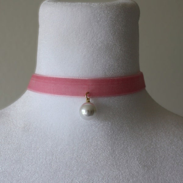 Pearl choker, Velvet choker, Pink choker, Thin pink velvet choker, Pink Ribbon Choker, Choker with pearl, Baby pink choker