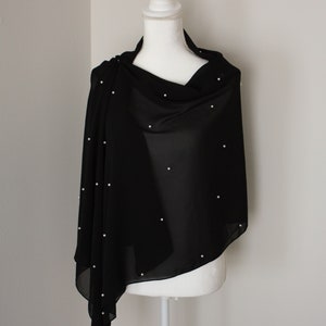 Evening chiffon stole, Pearl wrap, Evening pearl shawl, Evening cover up, Bolero wrap, Black chiffon scarf, Long evening shrug, Mesh wrap