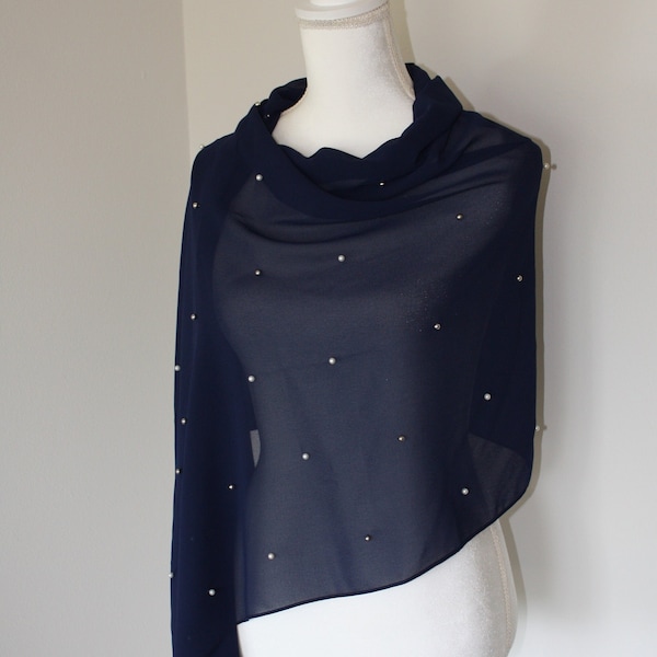 Evening chiffon stole, Pearl wrap, Evening pearl shawl, Evening cover up, Bolero wrap, Navy Blue chiffon scarf, Long evening shrug,Mesh wrap