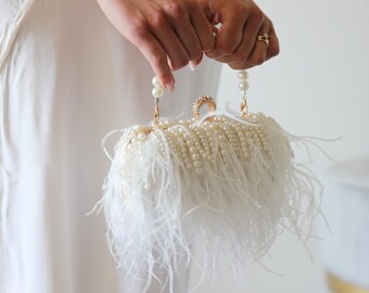 Wedding clutch, white bridal clutch, pearl bag, feather bridal purse, pearl minaudiere, bridesmaid purse, gold evening purse