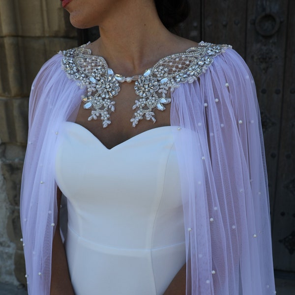 Cape de mariée, cape de mariage, tenue vestimentaire de mariée, cape d'épaule, robe de mariée, voile de cape, cape en tulle perlé, veste cape, voile châle