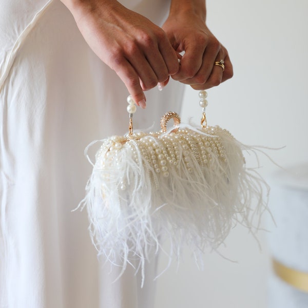 Wedding clutch, white bridal clutch, pearl bag, feather bridal purse, pearl minaudiere, bridesmaid purse, gold evening purse