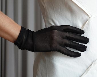 Short black gloves, evening gloves, black sheer gloves, tea party gloves, sheer nylon black gloves, fashion gloves, cosplay gloves