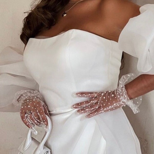 Gants de mariage courts, gants de mariée, gants à pois blancs, gants à volants à pois, gants de robe de mariée, gants de tulle, gants de dentelle blancs