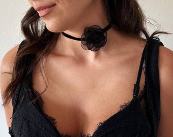 Choker with flower, Velvet choker, Black choker, Black velvet choker, Thin velvet choker, Flower choker, Floral choker