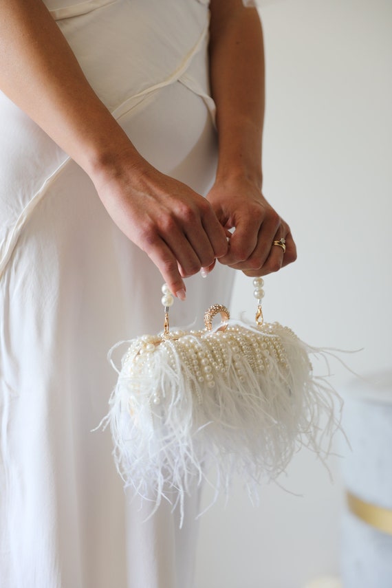 Wedding Clutch, White Bridal Clutch, Pearl Bag, Feather Bridal